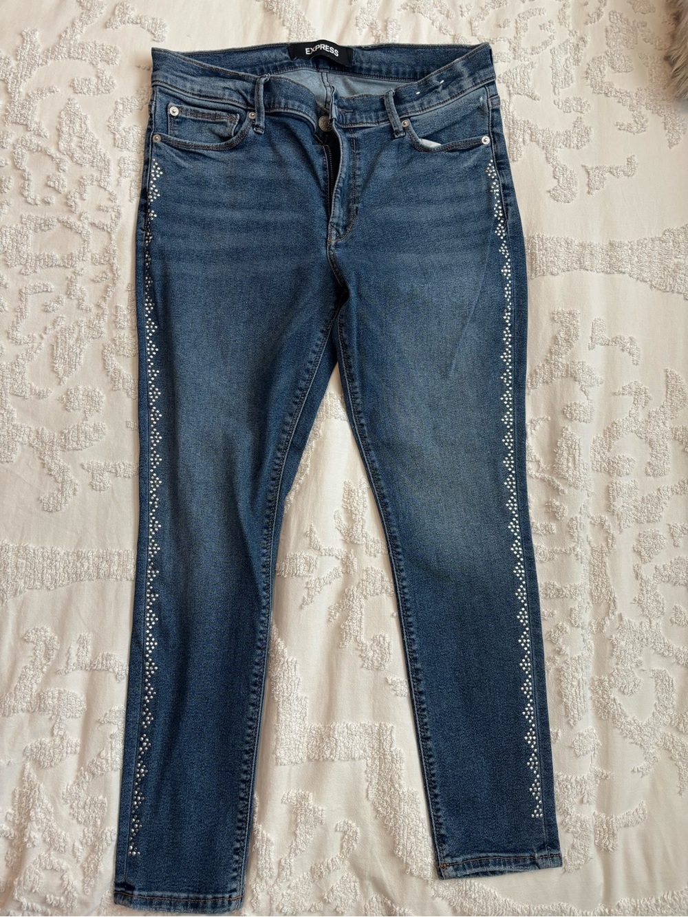 Express Women's Blue Skinny Jeans with Side Crystal Trim